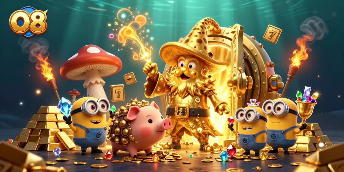 O8 guides players through magical treasure slots with golden outputs and vibrant gems.