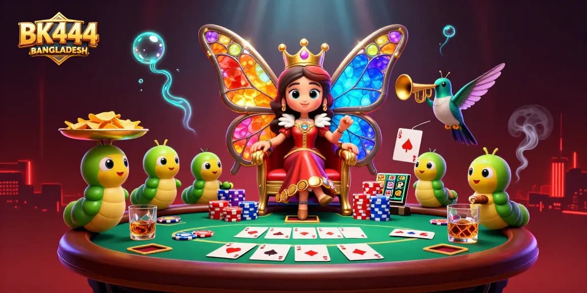BK444 BANGLADESH showcases an enchanting casino scene with a butterfly queen and vibrant poker elements.