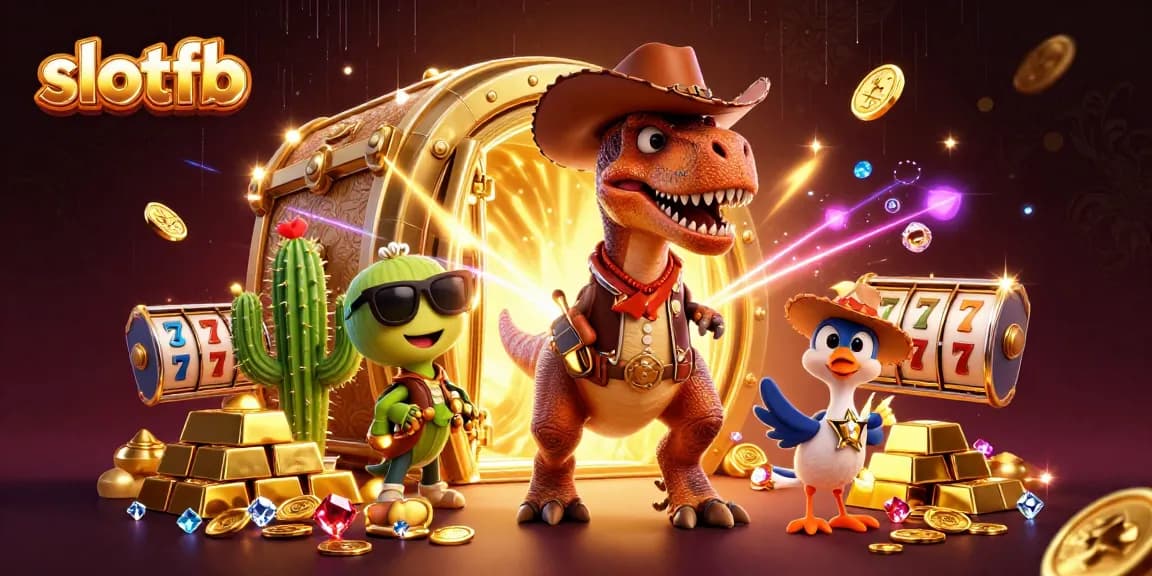 Experience thrilling wins with slotfb featuring a dynamic cartoon dinosaur and casino treasures.