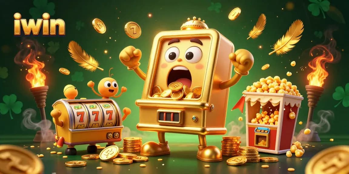 iwin jackpot scene with a golden slot machine celebrating, surrounded by coins and cheering machines