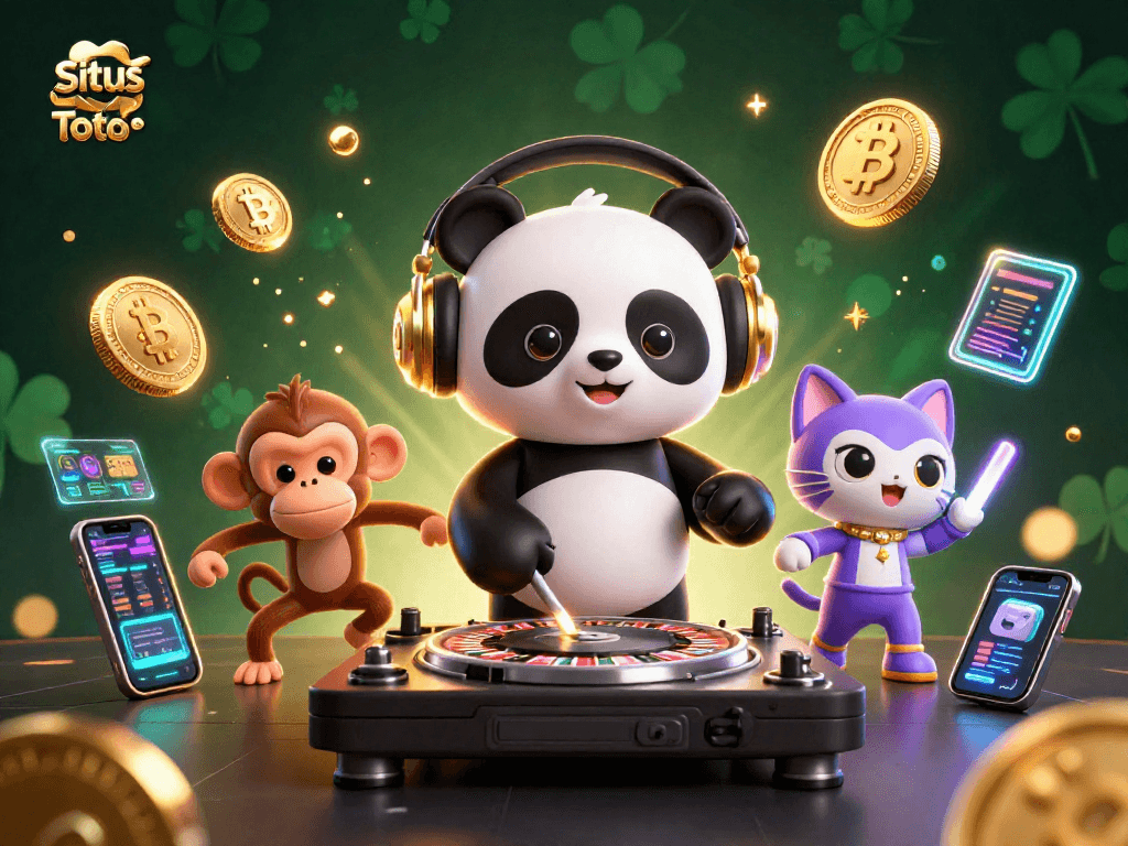 Situs Toto menghadirkan ilustrasi kasino dengan DJ panda, monyet penari, dan kucing iluminasinya.