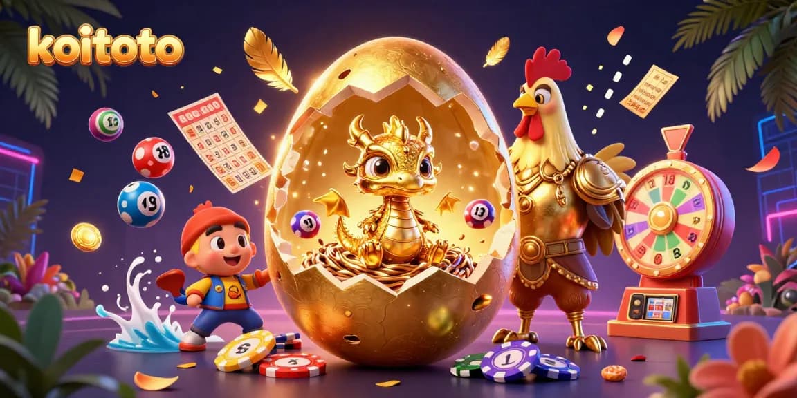 Engage with koitoto gaming excitement through a vibrant, gold-themed casino illustration featuring dynamic lottery elements.