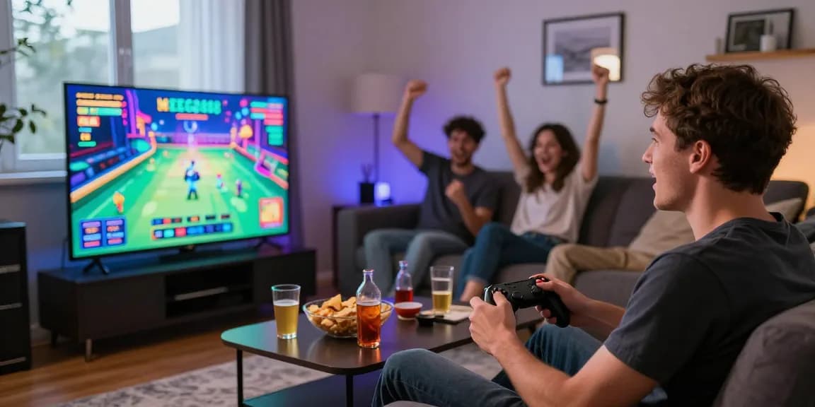 Mega888 player enjoying gameplay in a vibrant living room.