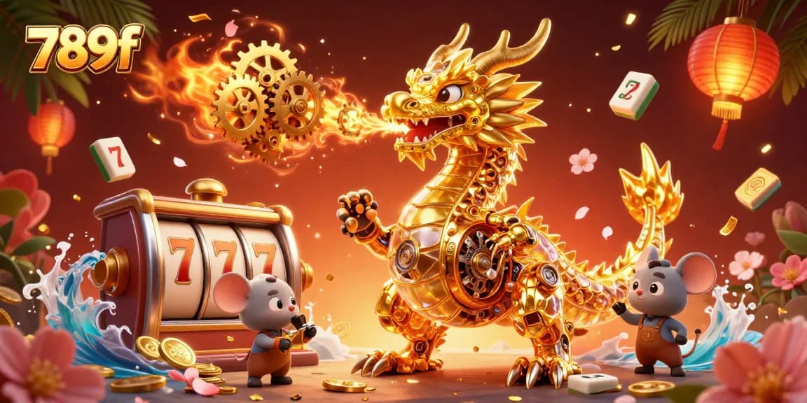 Experience the vibrant world of 789f with a golden dragon, slot reels, and festive elements.