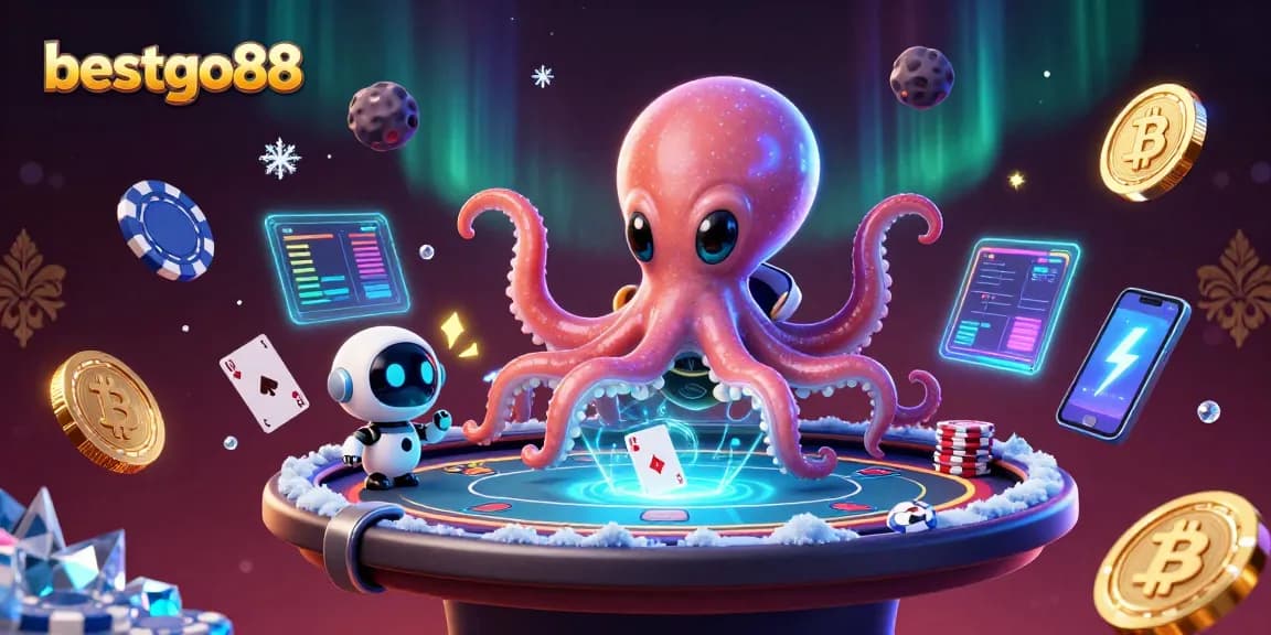 bestgo88 presents an exciting poker scene with an alien octopus and a tiny robot amidst captivating digital gaming elements