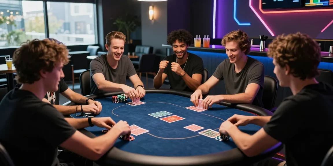 Players engaged in an exciting card game at a modern poker table, chips and cards visible in a lively gaming lounge.