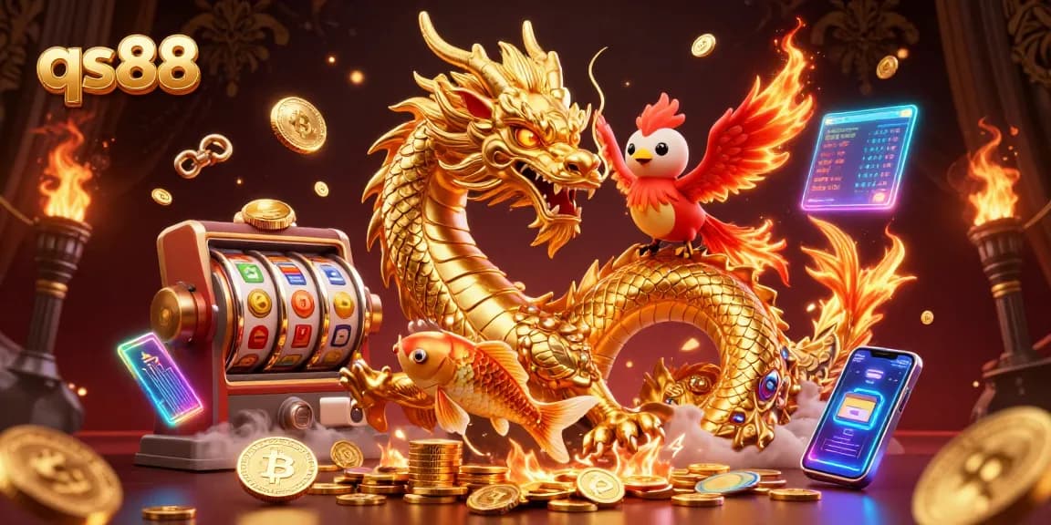 Experience thrilling gameplay at qs88 with slots and golden dragons in a vibrant casino scene.