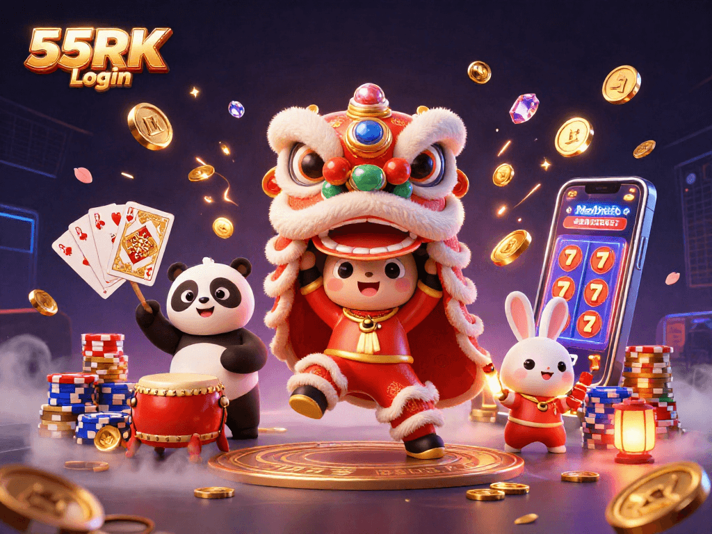 Cascade winnings with 55RK Login as characters celebrate with festive Asian themes and slot machine rewards.