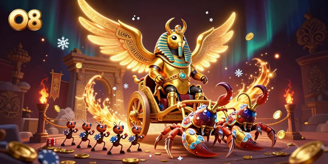 Bet on O8 with a vibrant 3D scene including a golden scarab beetle and chips in action.
