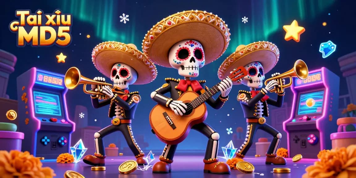 Tài xỉu MD5 players enjoy vibrant gaming with Day of the Dead skeletons and colorful casino elements.