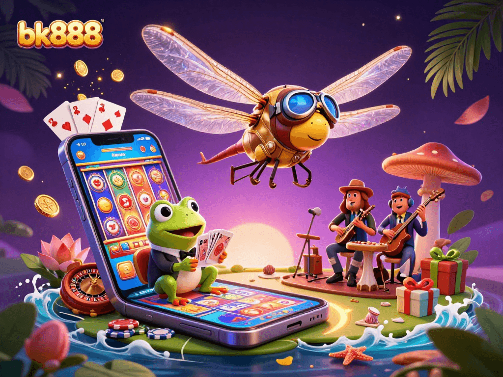 Experience bk888's casino excitement with a lively dragonfly pilot and frog croupier amidst vibrant slot games.