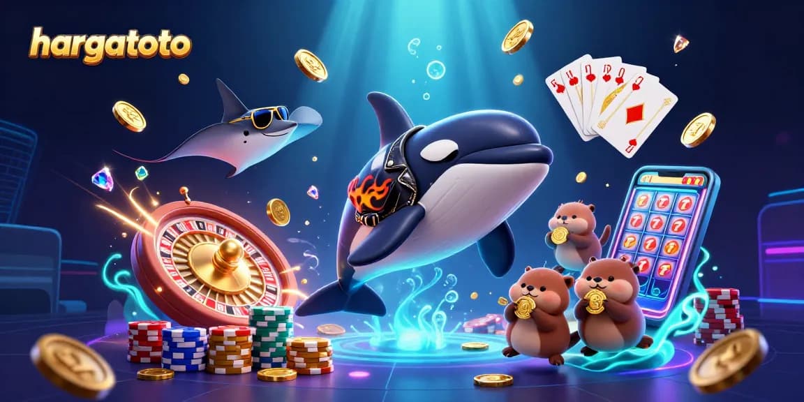 Pemain Hargatoto merayakan kemenangan besar dengan koin emas yang cerah dan elemen 3D dari permainan yang menarik