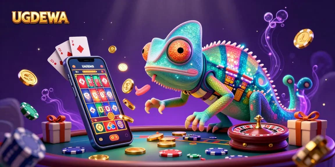 Engage with UGDEWA's dynamic casino scene featuring a chameleon snapping golden coins.