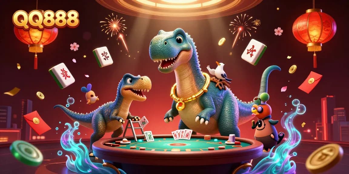 Experience thrilling gaming at QQ888 with a vibrant 3D casino illustration featuring dynamic characters.