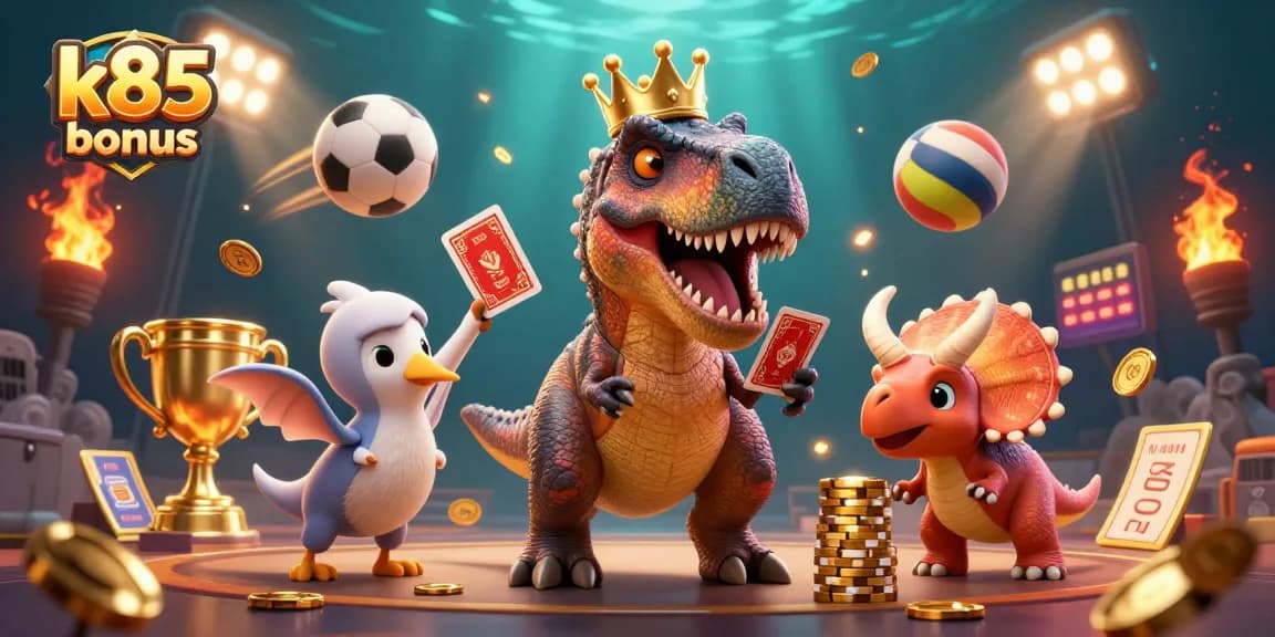 Ganhe bônus k85 enquanto o T-Rex joga cartas e o tricerátops empilha fichas em um cassino divertido.