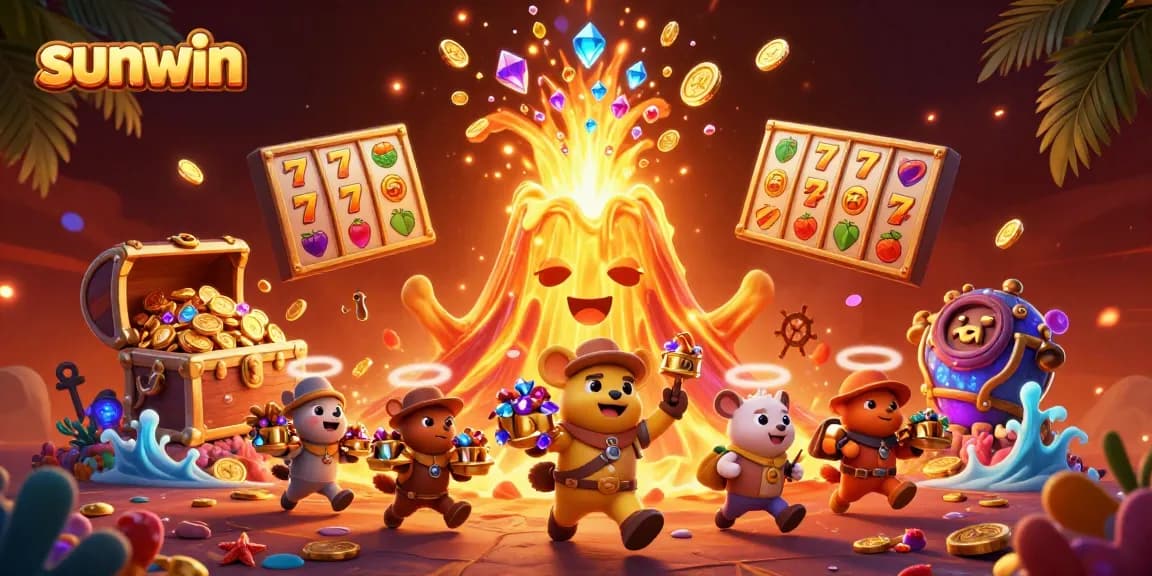 Experience the thrill of winning at Sunwin with vibrant treasures and energetic characters in a dynamic casino scene.