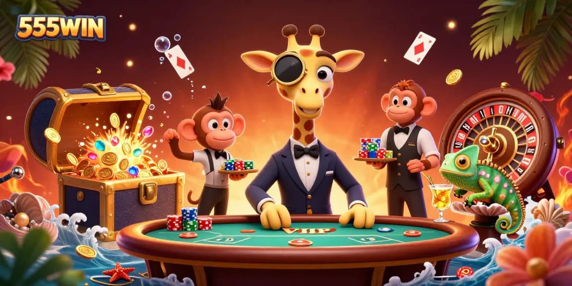 Join the excitement at 555WIN with a high-roller giraffe enjoying a thrilling poker game.