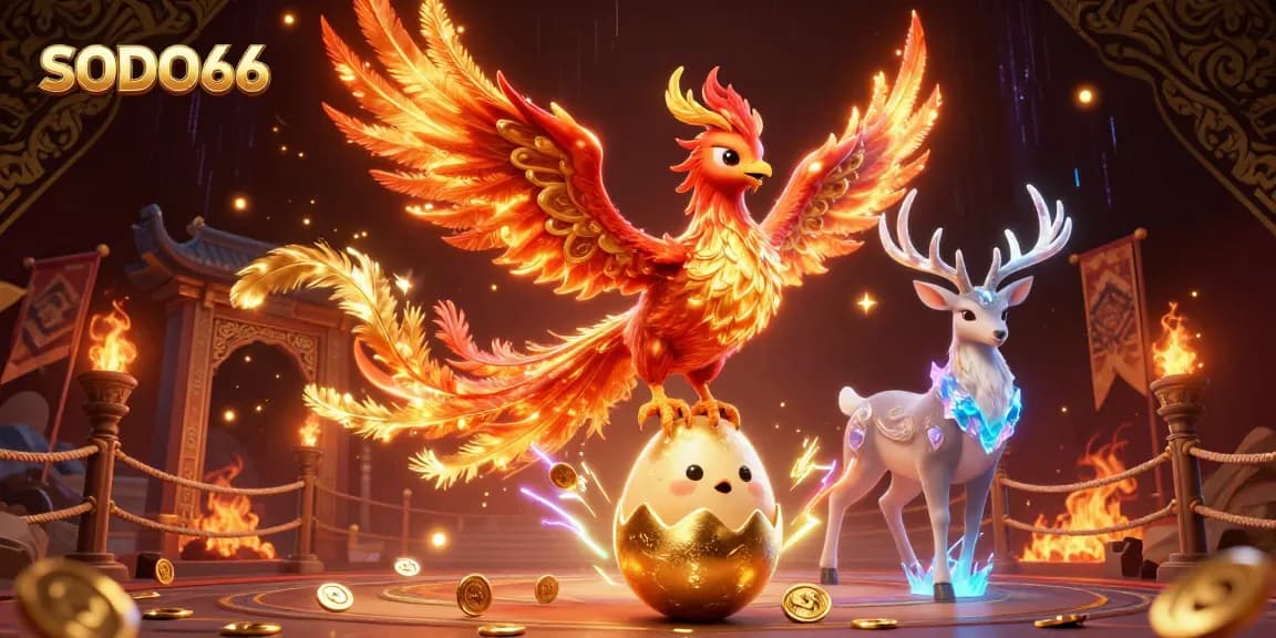 SODO66 players enjoy an exhilarating gaming experience amidst golden phoenixes and dramatic casino elements.