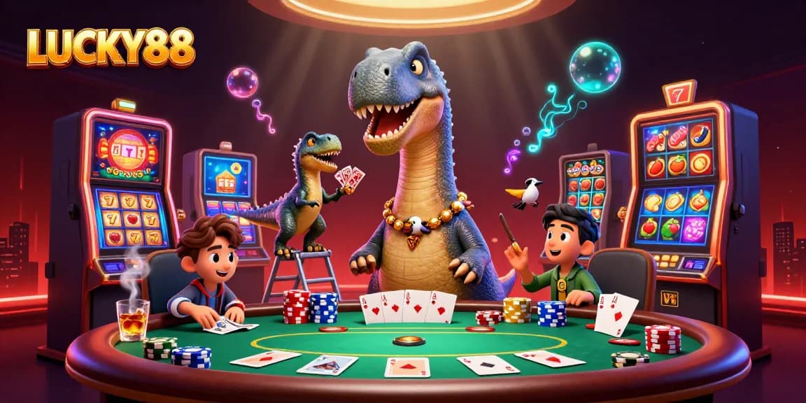 Experience the exciting LUCKY88 slots with vibrant animated characters and dynamic casino scenes.