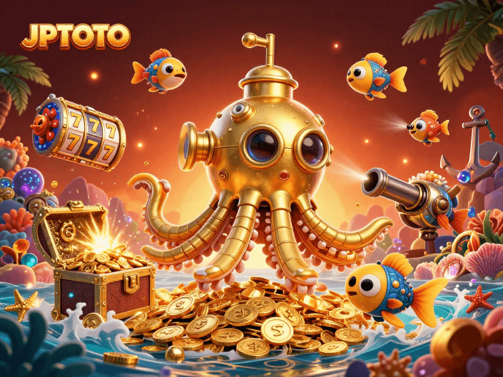 Spin to win at JPTOTO with a vibrant 3D illustration of a golden kraken submarine and treasures.