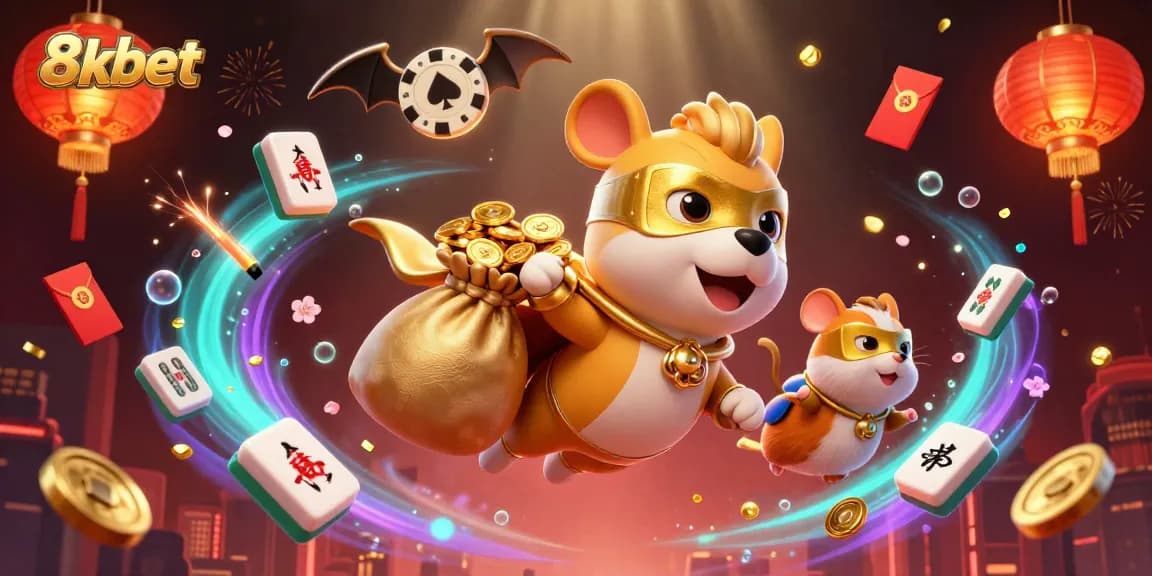 Engage in thrilling gameplay with 8xbet, featuring a superhero dog and hamster amidst vibrant casino elements.