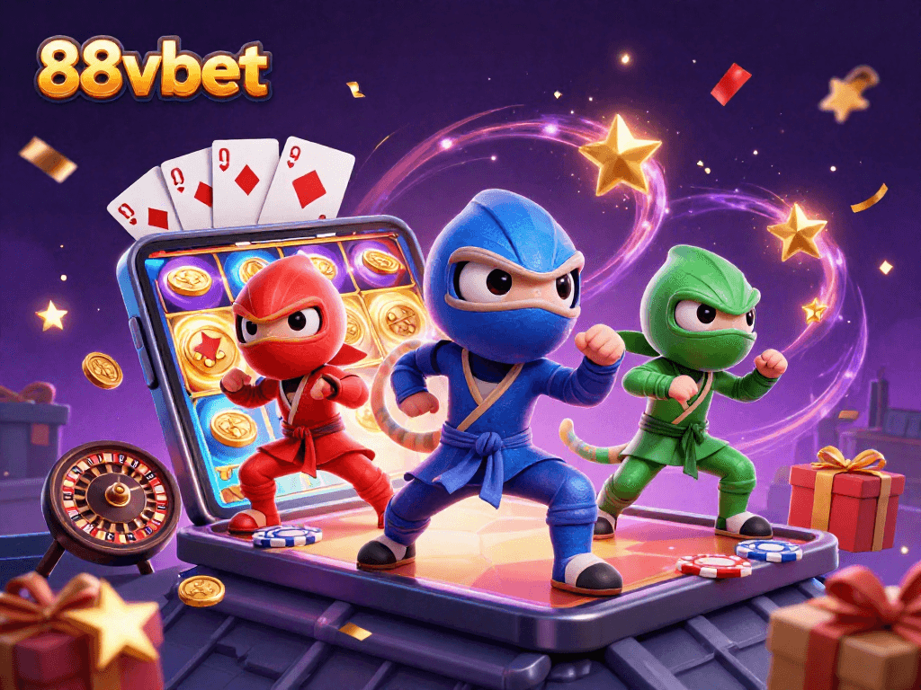 88vbet's ninja chameleons showcase synchronized martial arts against a vibrant slot background.