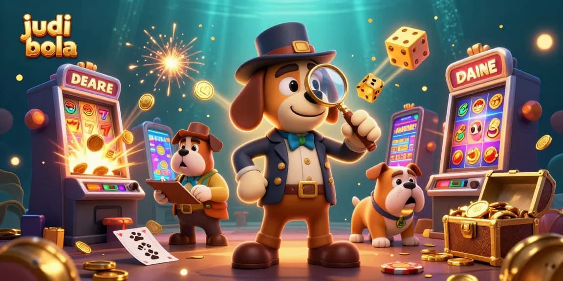 Engaging scene of judi bola with cartoon detective exploring poker chip clues, surrounded by vibrant casino elements.