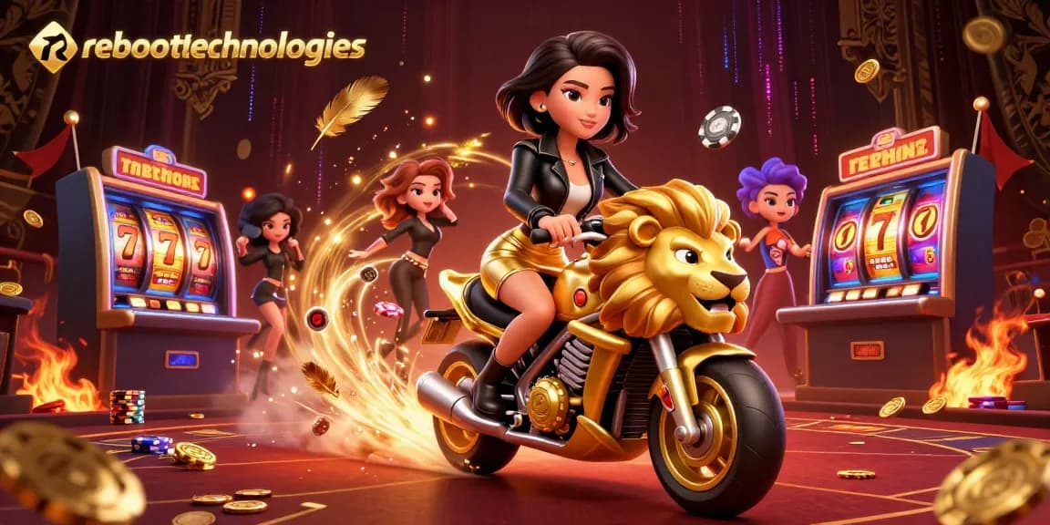 Reboottechnologies showcases thrilling casino action with an Asian woman riding a golden lion mascot amidst dynamic gaming elements.