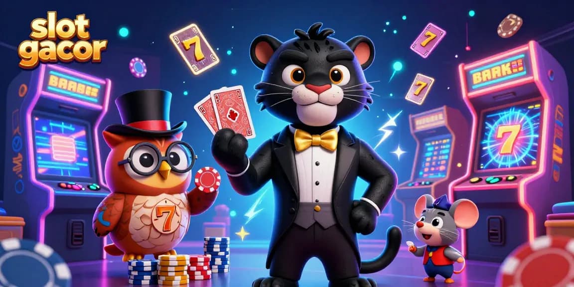 Engage with the slot gacor scene featuring a stylish black panther, an owl with poker chips, and a lucky mouse.