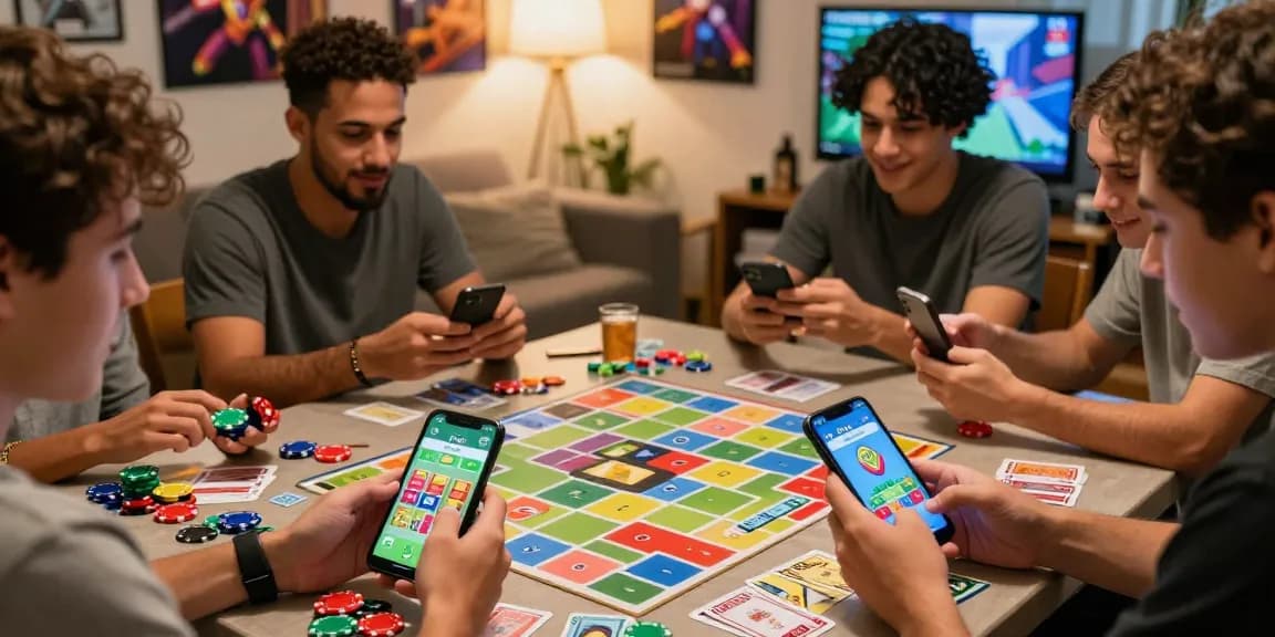 Friends playing the rummy app on smartphones in a vibrant living room, showcasing exciting gameplay.