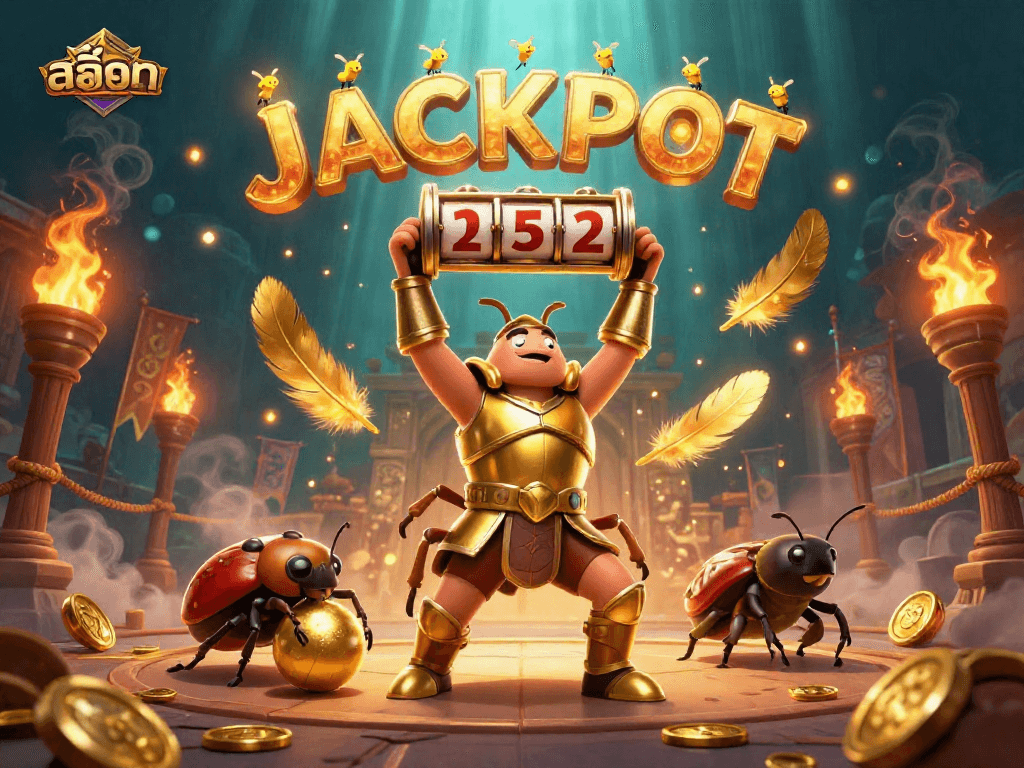 Experience the excitement of สล็อต with a victorious beetle celebrating a jackpot win in this vibrant 3D illustration.