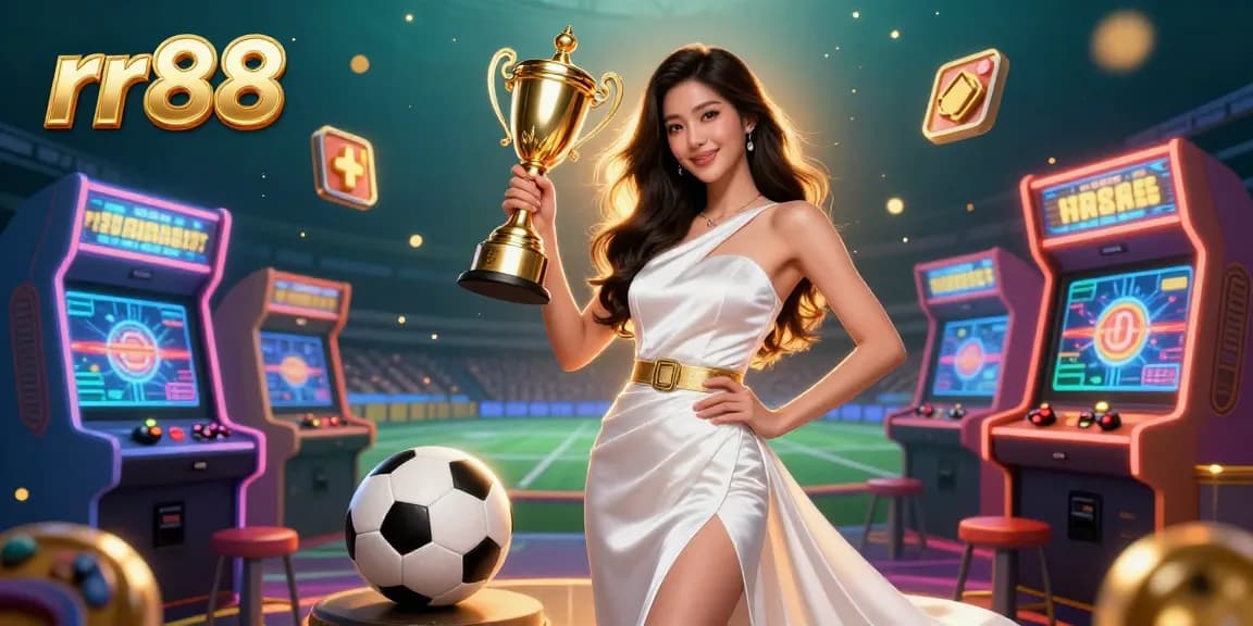 Experience winning strategies with rr88 as a confident woman holds a trophy in a vibrant sports betting scene.