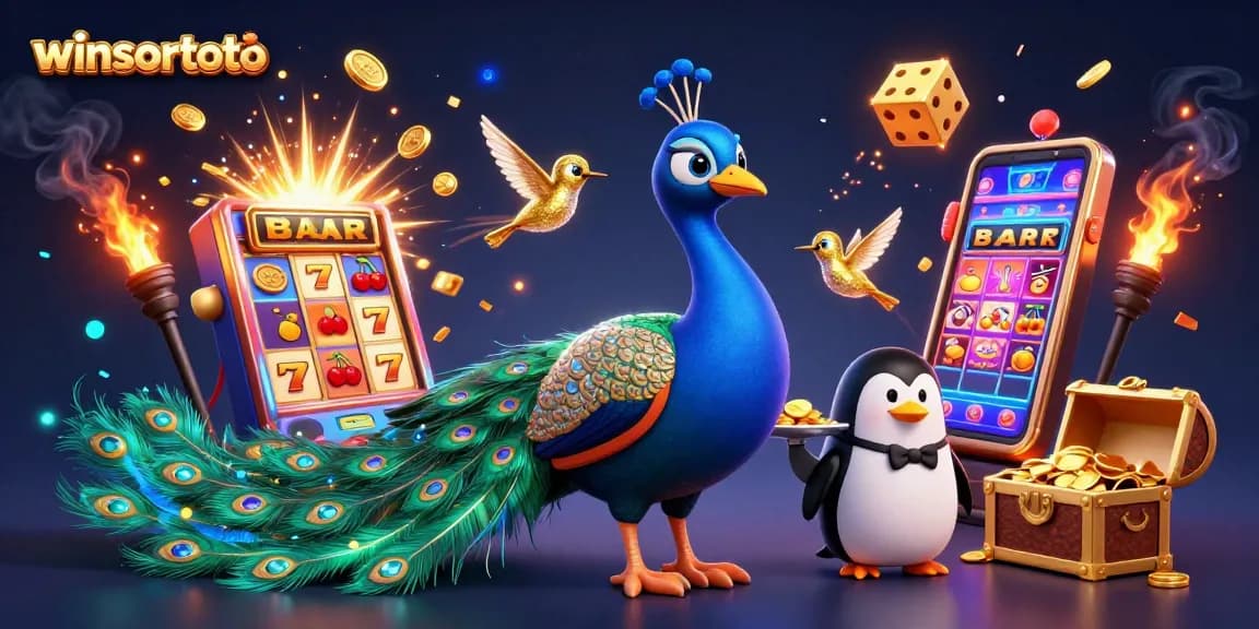 winsortoto showcases a vibrant scene with a peacock and penguin amidst a jackpot explosion, celebrating casino excitement.
