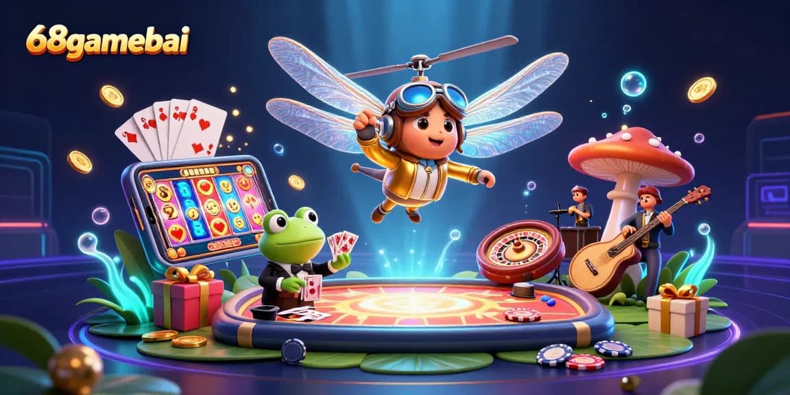 Experience the excitement of 68gamebai as a frog croupier deals cards at a vibrant lily pad casino.