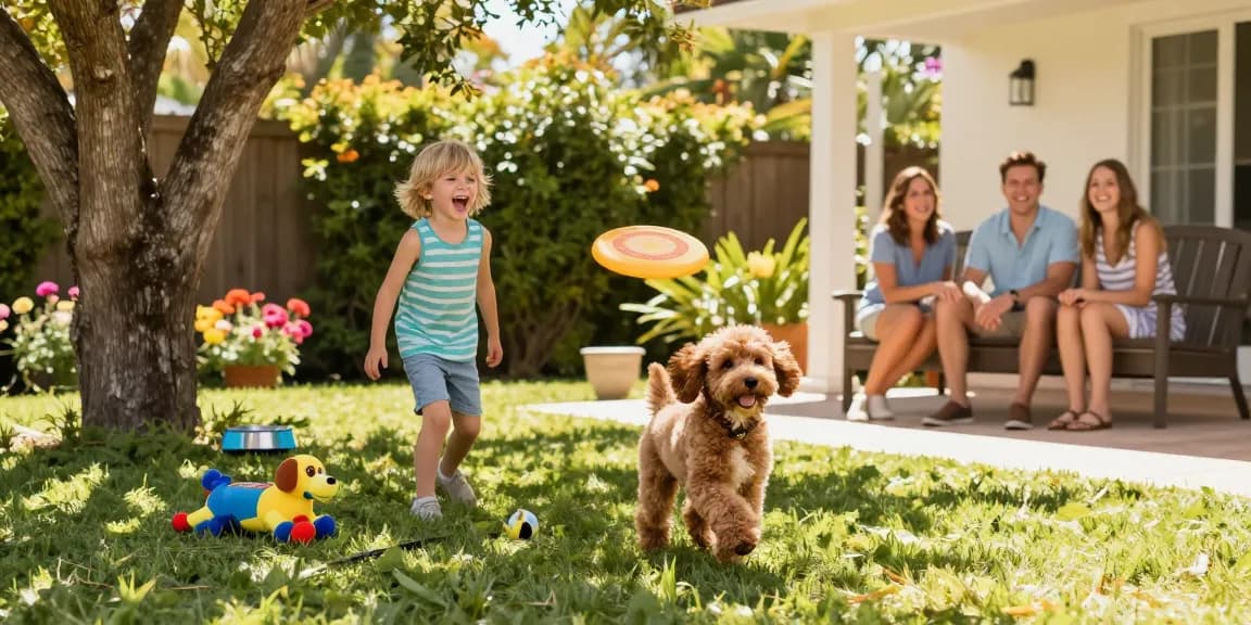 Playful Cavapoo puppies Florida enjoying time with family in a sunny backyard.