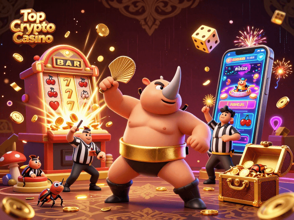 Experience wins at the Top Crypto Casino with a vibrant illustration of thrilling gameplay and energetic characters.