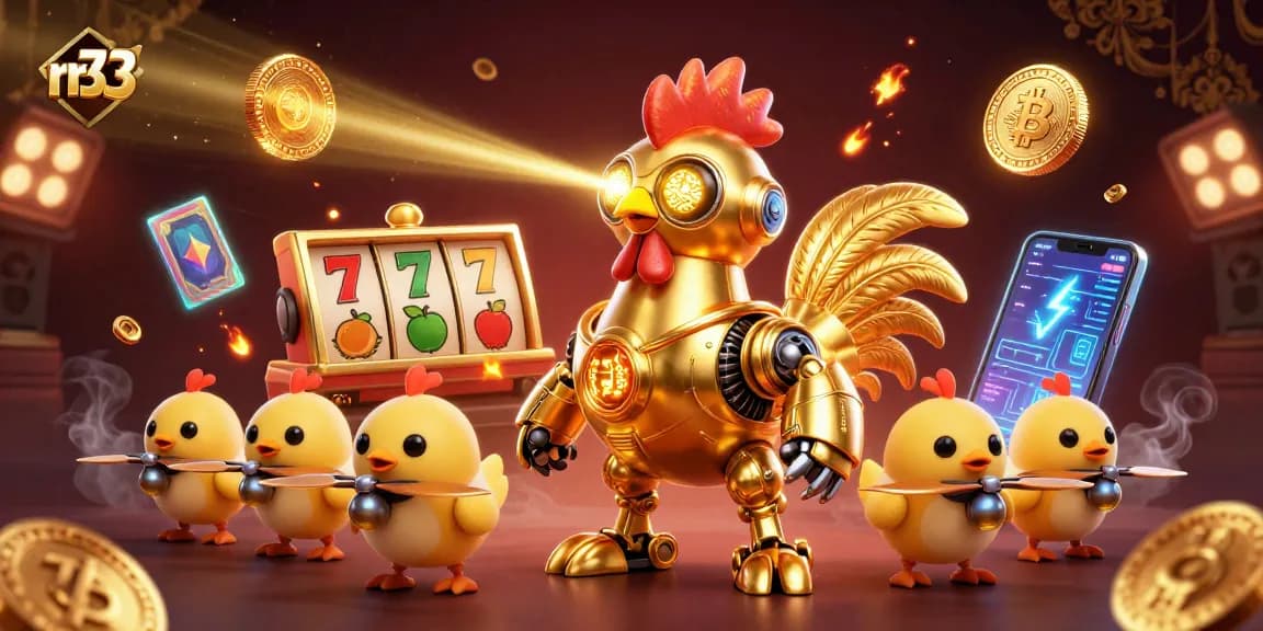 Spin and win with rr33's vibrant casino-themed illustration featuring a golden rooster robot and baby chick drones.