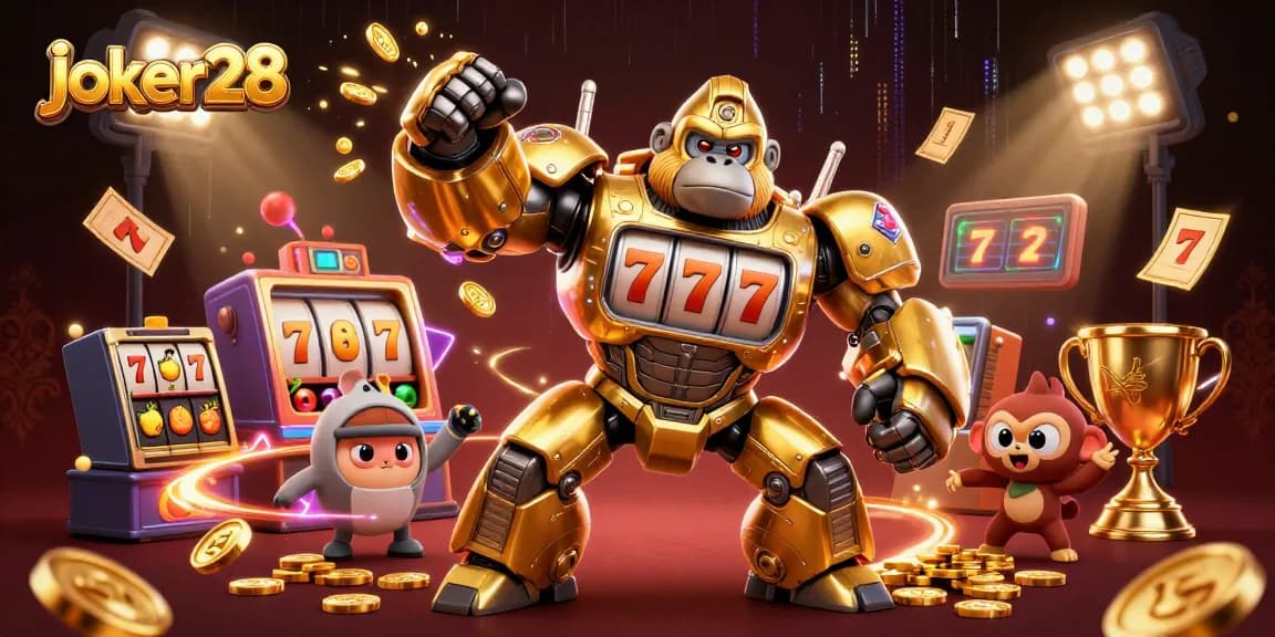 Permainan slot gacor joker28 menampilkan gorila emas mech dan efek dinamis berkilau.