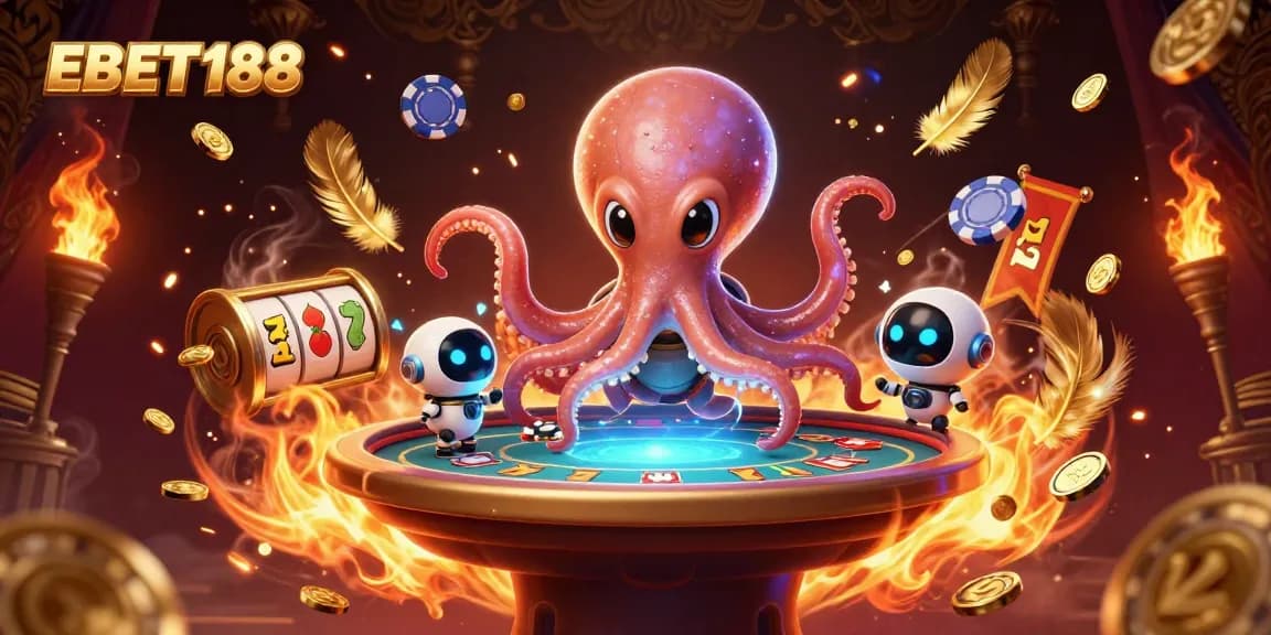 Engage with EBET188's exciting gaming world, featuring an octopus running a holographic poker table.
