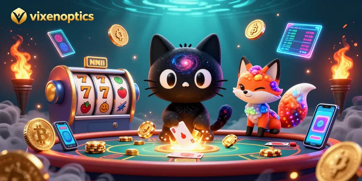 Join the fun at Vixen Optics' vibrant cosmic casino featuring the adventurous black hole cat and colorful nebula fox.