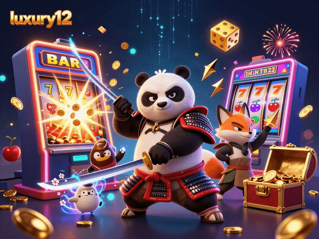 Meraih kemenangan di luxury12 dengan samurai panda dan elemen kasino meriah.