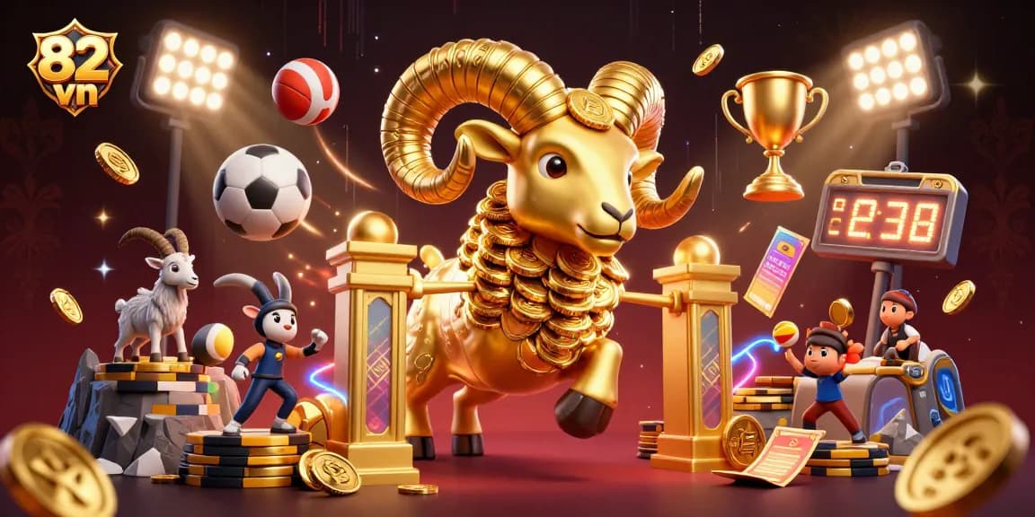 Exciting 82 vn betting scene with a dynamic golden ram and sports elements, showcasing excitement and winnings.