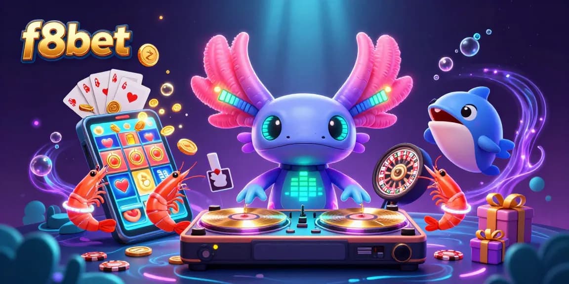 Win at f8bet with vibrant 3D casino illustration showcasing slots, cards, and playful sea creatures.