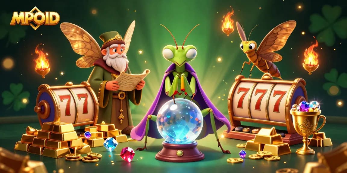 MPOID players enjoy thrilling jackpots with a mystical fortune teller and wise moth librarian in a vibrant casino design