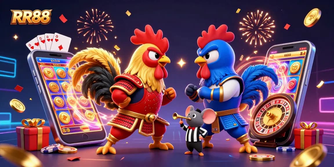 Experience thrilling action at RR88 with cartoon roosters in samurai and ninja gear amid casino elements.