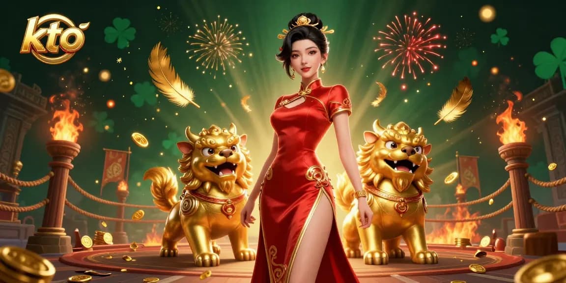 Experience excitement with kto in a vibrant casino scene showcasing games, golden tokens, and festive fireworks.