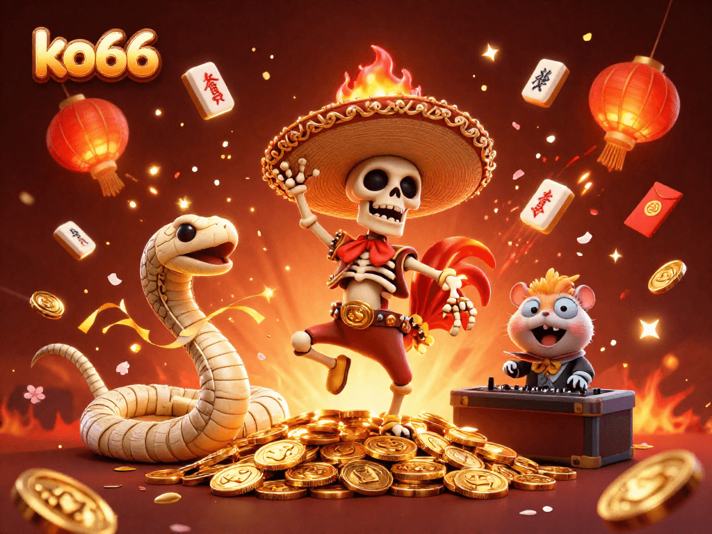 Engage with ko66's thrilling casino adventure featuring vibrant characters in a celebratory scene.
