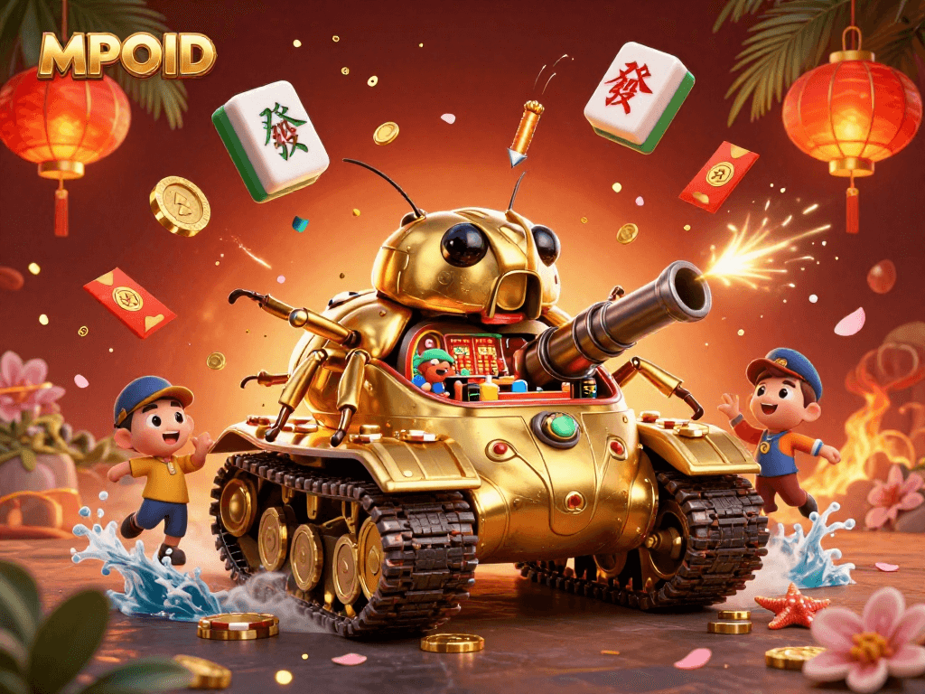 MPOID presents a vibrant casino scene with a golden beetle tank featuring a miniature casino, captivating players with immersive game elements.