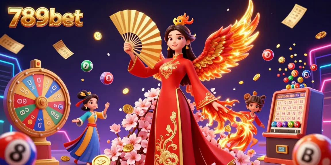 Engage in thrilling action with 789bet's vibrant casino scene featuring a graceful woman and a phoenix amidst a lively backdrop.