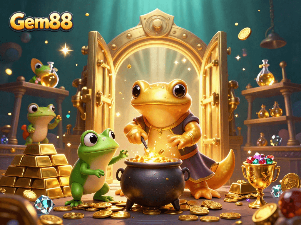 Gem88 players win with a giant golden salamander alchemist transmuting gold in a lively casino scene.
